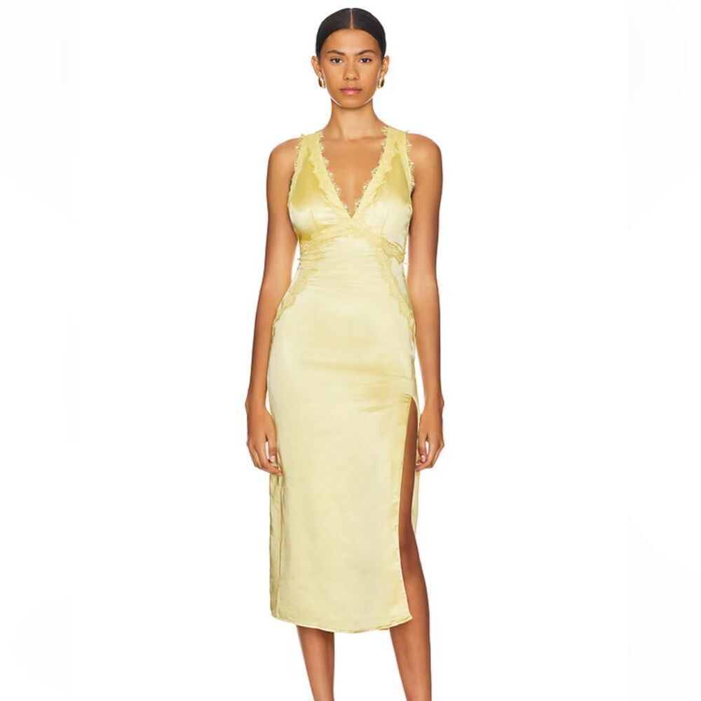 More To Come Sheila maxi dress yellow satin lace trim slip Revolve